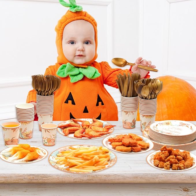 350 Pcs Fall Baby Shower Party Supplies Fall in Love with Baby Paper Plates Napkins Cups and Plastic Cutlery Party Tableware Set for Autumn Shower Birthday Decorations, Serves 50