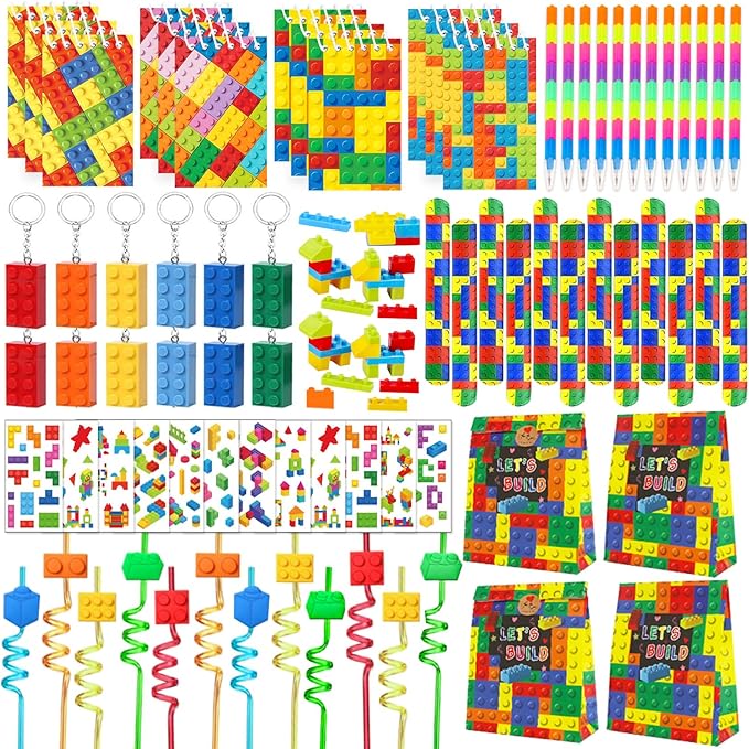 Bluegogo 104Pcs Building Block Birthday Party Favors for Kids Include Mini Notebook Pens Straws Keychains Erasers Wristbands Stickers Bags for Building Blocks Birthday Party Supplies