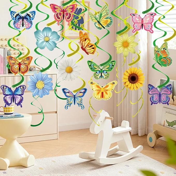 33pcs Spring Hanging Decorations for Home, Flower Butterfly Hanging Swirl Streamers for Spring Summer Easter Flower Butterfly Themed Birthday Party Classroom Decorations
