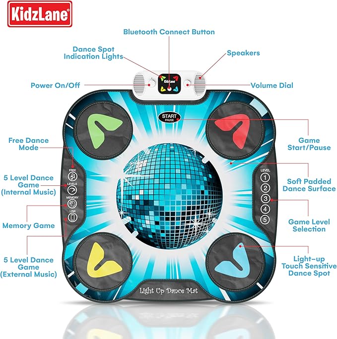 Kidzlane Light Up DJ Dance Mat for Kids - Bluetooth & AUX Compatible - 3 Fun Arcade Games with 5 Difficulty Levels - Detachable Discoball & Fairytail - Adjustable Volume - Ages 6+