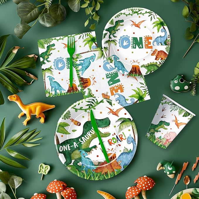 Dinosaur First Birthday Decorations Tableware - Dinosaur 1st Birthday Party Supplies For Boy, Paper Plate, Cup, Napkin, Fork, Dino Party Decorations, Serves 24
