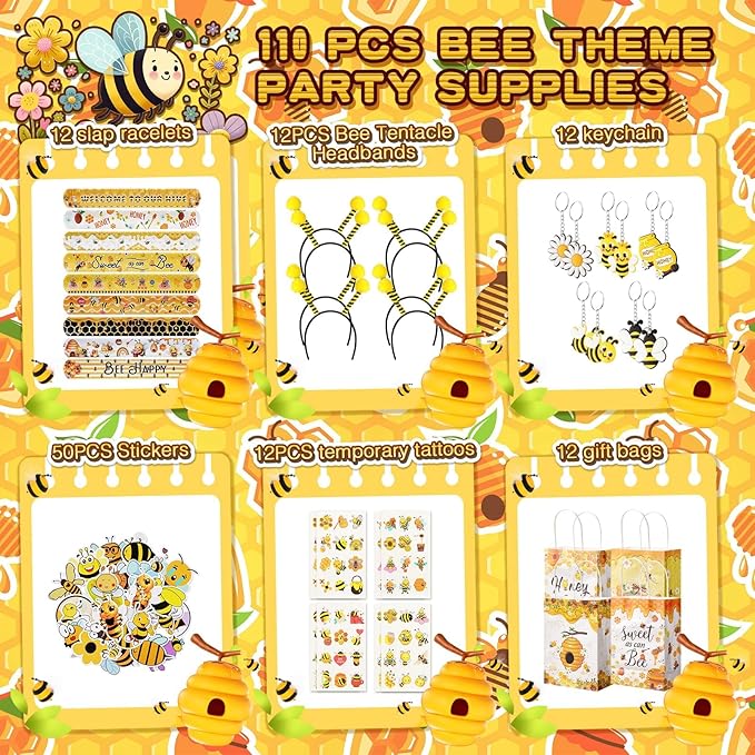 Vanblue 110 Pcs Bee Party Favors Themed Birthday Decorations Honey Bee Party Supplies Gift Bags for Classroom Decorations Class Reward Gift Prizes Goodie Bag Stuffers