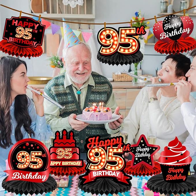 Happy 95th Birthday Red and Black Table Honeycomb Centerpieces Balloons Theme Decor Table Decorations Table Toppers for Girls Women Princess 95 Years Old Birthday Party Bday Supplies Background Gold