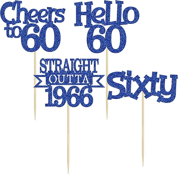 Ephlyn 24Pcs Happy 60th Birthday Cupcake Toppers Glitter Straight Outta 1966 Cupcake Picks Hello 60 Cheers to 60 Years Birthday Cake Decorations for 60th Birthday Anniversary Party Supplies Blue