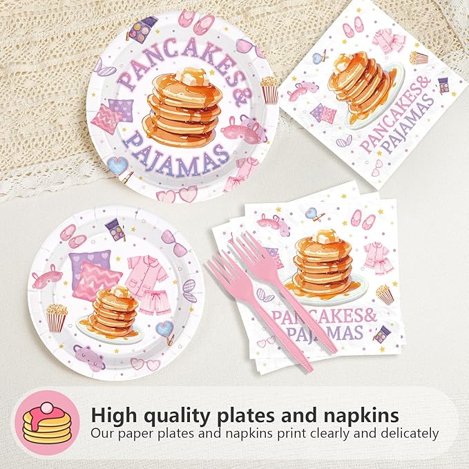96Pcs Pancakes and Pajamas Party Supplies Pajama Brunch Plates and Napkins Girls Pink Night Sleepover Tableware Set for Girls Night Pancake Themed Slumber Party Decorations Serves 24
