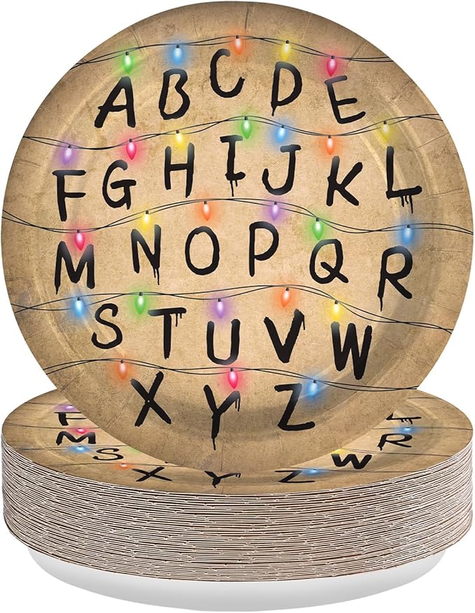 50Pcs Spooky Rustic Alphabet Paper Plates 9 Inch Disposable Retro Colorful Light Bulbs Party Decorations Retro Scary House Run Themed Plates for Boys Girls Holiday Stranger Birthday Party Supplies