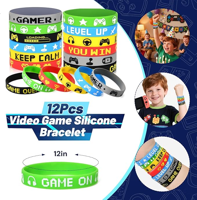Video Game Party Favors Kids Gamer Birthday Party Supplies Drawstring Bag Silicone Bracelet Glow in Dark Tattoo Sticker Keychain Gamer Party Favors Gaming Birthday Goodie Bag Stuffers