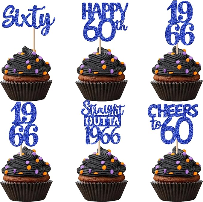 30 PCS 60th Birthday Cupcake Toppers Glitter Sixty Happy 60 Straight Outta 1966 Cupcake Picks for Cheers to 60 Fabulous 60th Birthday Anniversary Party Cake Decorations Supplier Blue