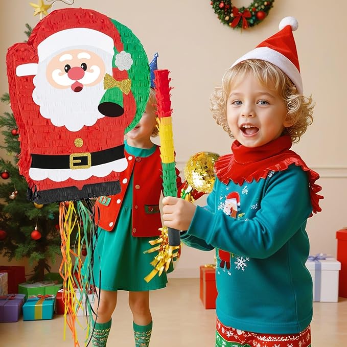 WERNNSAI Christmas Santa Pinata - Christmas Decorations Red Santa Claus Party Games for Kids Xmas Festival Supply Father Xmas GIft Delivery Xmas Large Pinata Pull String with Blindfold Bat