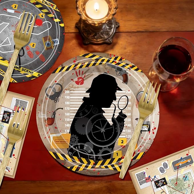 96 Pcs Mystery Party Decorations Supplies – Detective Crime Scene Theme Plates Napkins Forks Set for Dinner Game Night Escape Room Party Serves 24