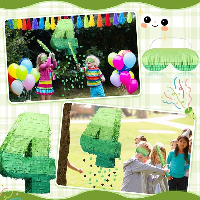 Number Piñata Decorations 16 Inch Gradient Green Piñata with Blindfold Stick and Confetti for Birthday Baby Shower Safari Jungle Themed Party Supplies Centerpiece
