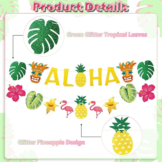 Hawaiian Aloha Party Decorations - Gold Glittery Aloha Banner for Hawaii Tropical Luau Themed Party Supplies
