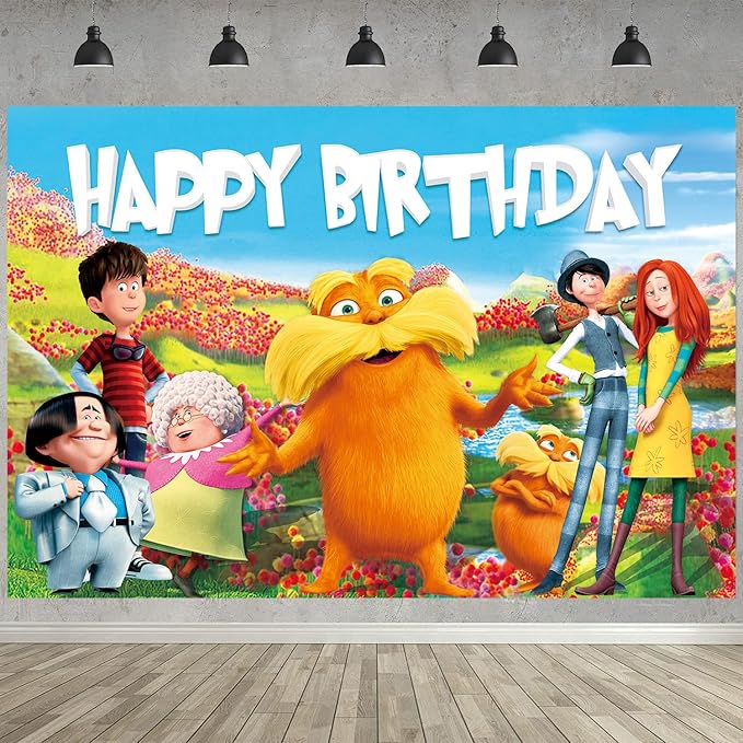 Cartoon Loraxs Birthday Party Decoration,Cartoon Party Photo Background 5 x 3 FT and 18 Pcs Balloon,Merch Party Backdrop Supplies