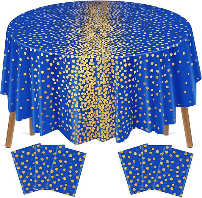 VitalCozy Round Dot Tablecloth 84 Inch Plastic Table Cover Polka Dot Confetti Tablecloths for Easter 2026 Graduation Prom Wedding Birthday Spring Party Supplies(Blue and Gold,6 Pcs)