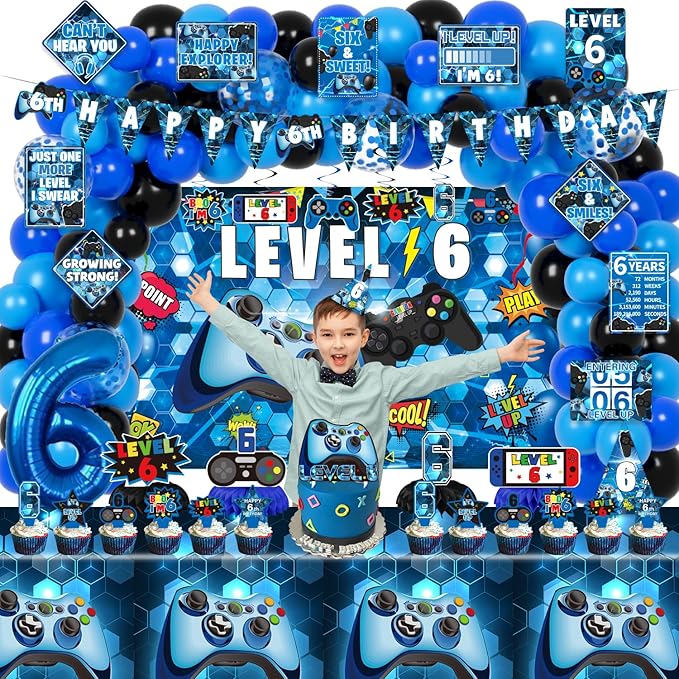 6th Birthday Decorations for Boys, 149Pcs Blue Video Game level 6 Party Supplies for Boy 6th Birthday - Backdrop, Banner, Balloons, Tablecloth, Centerpieces, Hanging Swirls, Wall Signs