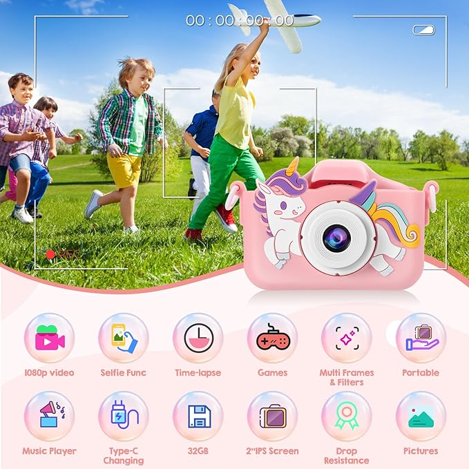 Kids Camera, Toys for Age 3-9 Year Old Toddler Digital Camera, Girls Christmas Birthday Gifts, Selfie Camera with Cartoon Soft Silicone Cover and 32GB Card (Sakura Pink)