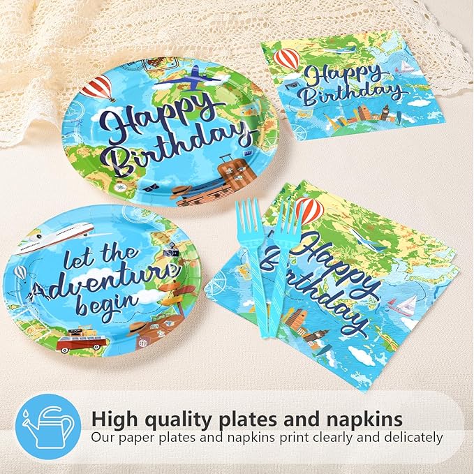 96Pcs Adventure Awaits Birthday Decorations Let The Adventure Begin Plates and Napkins Travel Theme Birthday Decor for Kids Boys World Map Graduation Travel Bday Baby Shower Party Supplies Serves 24