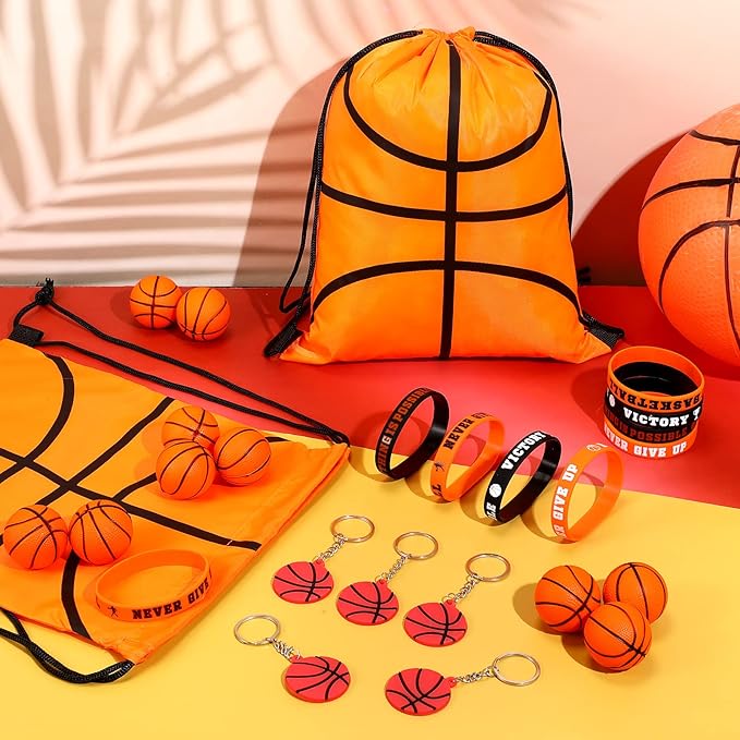 LEIFIDE 48 Pcs Basketball Party Favors 12 Sets Silicone Bracelet Drawstring Treat Bag Mini Stress Ball Keychains for Basketball Birthday Party Supplies