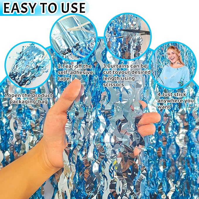 ADLKGG 6 Pack Blue Wavy Foil Fringe Curtain, Streamers Water Beach Backdrop for Ocean Backdrop | Under The Sea Party Decorations | Summer Pool Party Decorations, 3.3x6.6 Feet