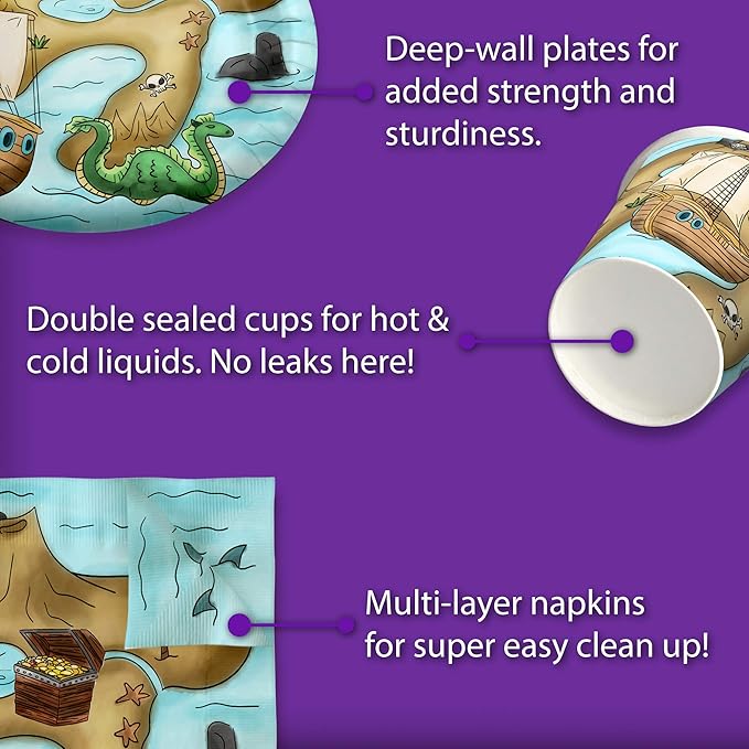 Pirate Treasure Map Birthday Party Supplies - Treasure Hunt Party Kit for 16 Includes Plates, Napkins and Cups