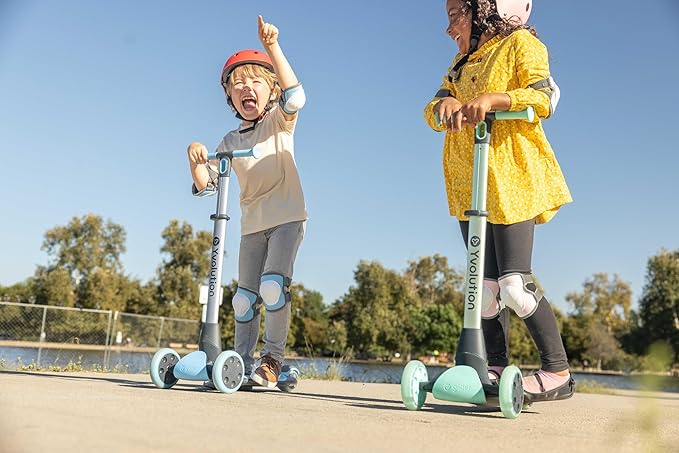 Yvolution Y Glider Nua 3-Wheel Kids Scooter – Adjustable Height, Arc-Folding Handlebar, LED Light-Up Front Wheels, Extra-Wide Deck, Ages 3-10
