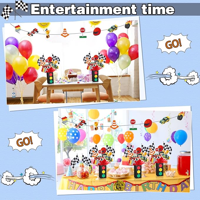 6 Sets Race Car Birthday Party Decorations Race Car Centerpieces for Tables with Traffic Boxes Themed Baby Shower Decoration Cutouts Checkered Flags for Birthday Theme Party Supplies