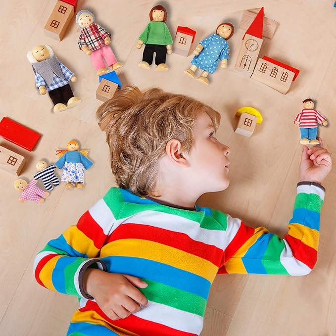 Wooden Doll House People of 8 Figures, Dolls Family Set for Girls Toddler Kids Dollhouse Accessories Toy