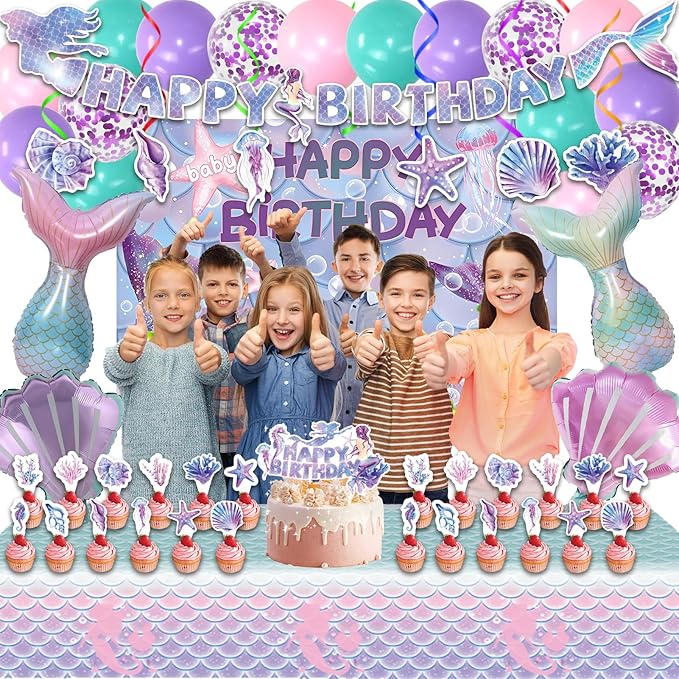 154 Pcs Mermaid Birthday Party Supplies - Mermaid Party Decorations Included Backdrop, Banner, Tablecloth, Hanging Swirls, Cupcake Toppers, Tableware, Paper Towel, Aluminium balloon, Latex Balloons