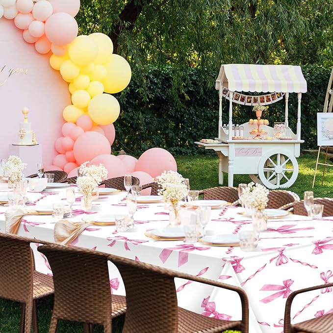 Zhehao 4 Pcs Pink Ribbon Tablecloth 54 x 108'' Coquette Table Cover Pink Bow Birthday Decorations Plastic Disposable Table Cloth for Girls Women Party Supplies