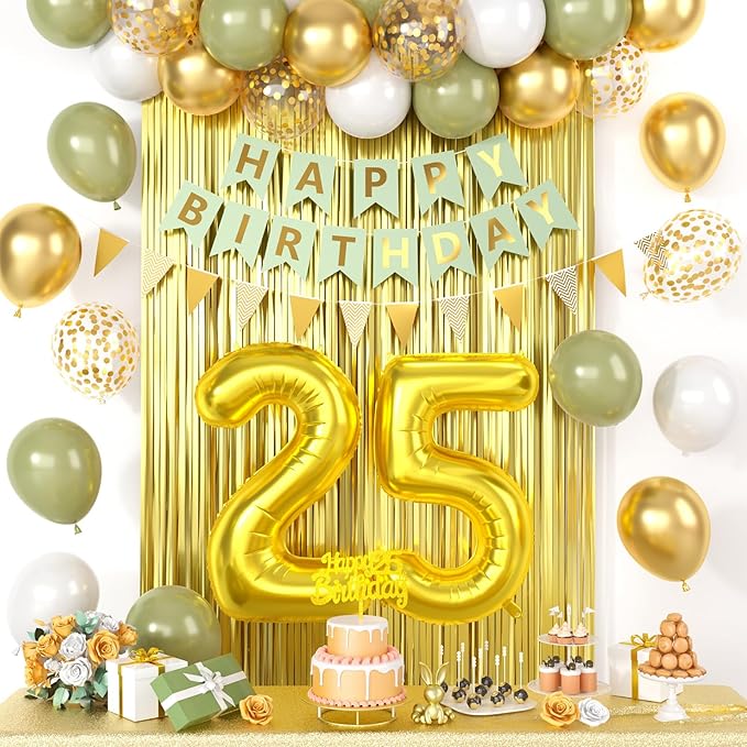 25th Birthday Decorations, Sage Green And Gold Happy Birthday Party Decorations With Number 25 Balloons Olive Green Gold Confetti Balloons Fringe Curtain Banner Cake Topper For 25th Party Supplies