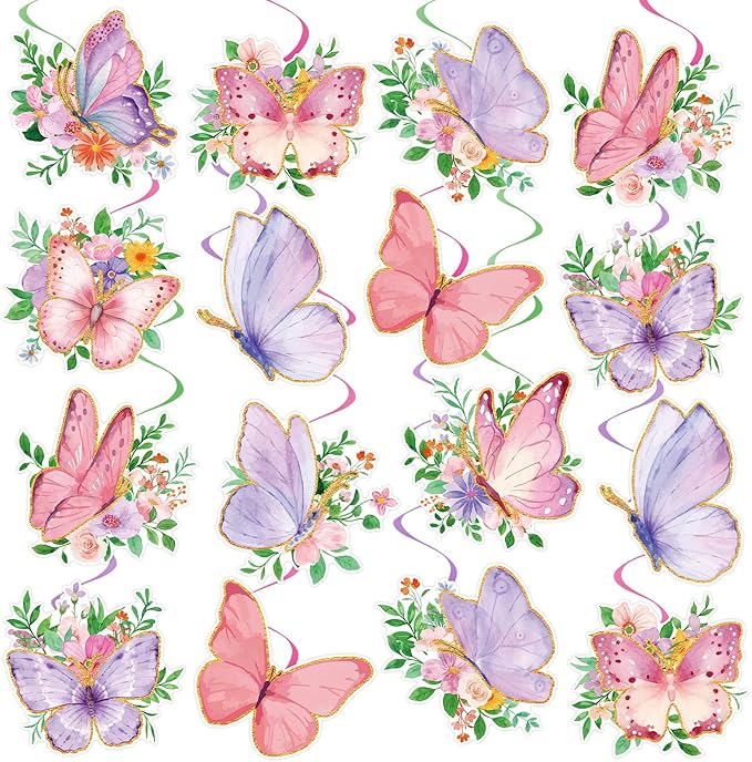 48Pcs Spring Butterfly Hanging Swirl Decorations, Watercolor Butterfly Ceiling Hanging Swirls Spring Party Hanging Swirls Streamers for Birthday Wedding Garden Tea Party Decor Supplies