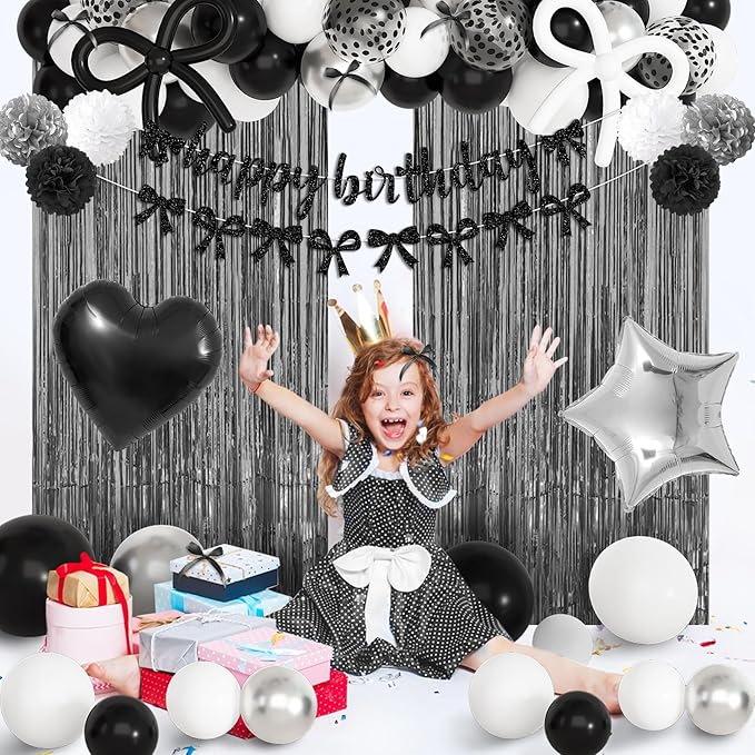 Black Bow Birthday Party Decorations, Coquette Bow Black and White Silver Confetti Long Balloons Happy Birthday Banner Fringe Curtain Tassel Pompoms for Women Girls Theme Baby Shower Party Supplies
