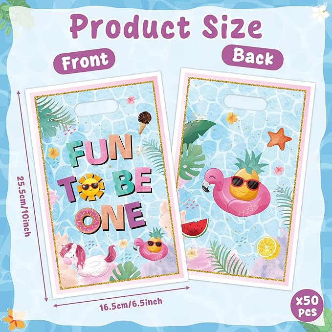 50Pcs Summer Pool Party Favor Bag Watercolor Pool Fun to Be One Goodie Treat Candy Gift Bag Summer Beach 1st Birthday Party Decor for Baby Boy Girl First Birthday Hawaii Beach Swimming Events Supplies