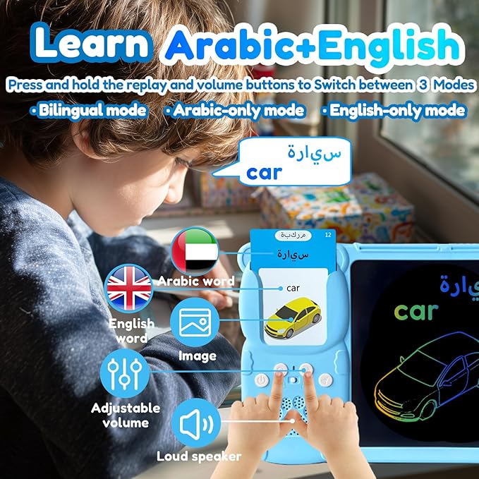 Drawing Tablet with Bilingual Flashcards for Kids - Arabic English Talking Flash Cards, LCD Writing Pad Board, Pocket Speech for Toddlers, Learning Toy Gift for Boys Girls (Arabic, Blue)