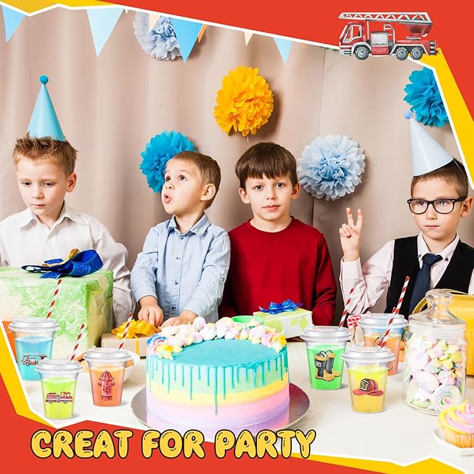 Boao 36 Pcs Watercolor Fire Truck Party Cups with Lids and Paper Straws 14 oz Disposable Clear Plastic Cups for Firefighter Birthday Party Favor Supplies Decorations