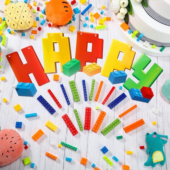 Sosation 32 Pcs Building Block Party Supplies Building Block Birthday Banner Candles Block Party Centerpiece Happy Birthday Decorations Brick Themed Party Favors for Boys Girls