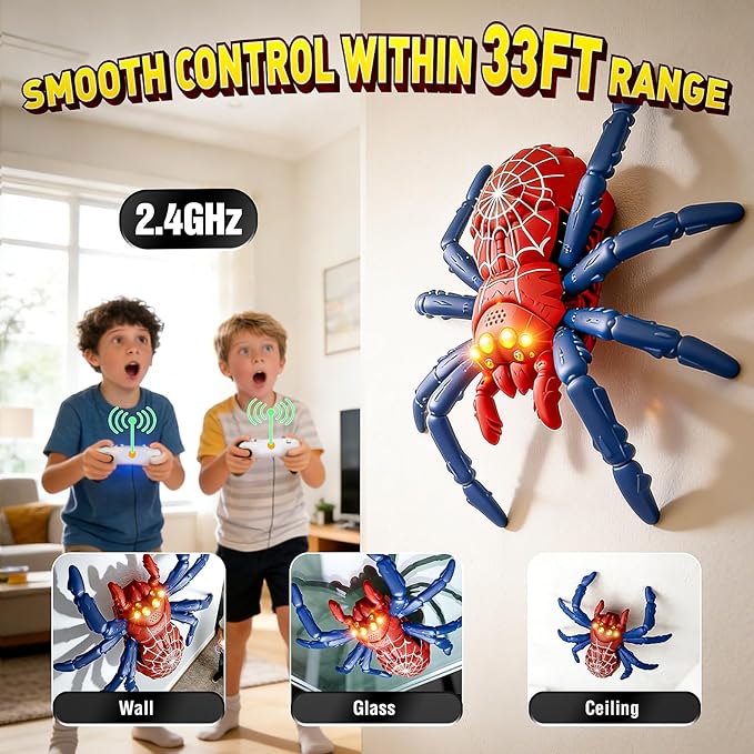 Wall Climbing Spider Remote Control Toy, Rechargeable RC Creepy Crawler with Glowing Eyes for Walls & Ceilings, Prank Halloween Birthday Gift for Kids Boys Girls Ages 3+ (Red)