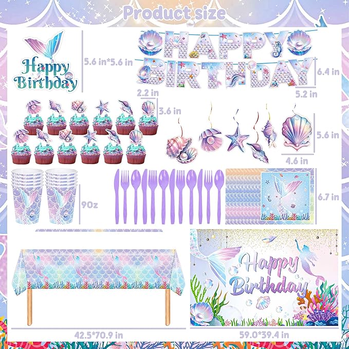 Mermaid Birthday Decorations, 213Pcs Mermaid Party Supplies Include Tablecloth, Plates, Napkins, Cups, Banner, Backdrop, Balloons, Hanging Swirls, Cake & Cupcake Toppers for Girls Birthday Party