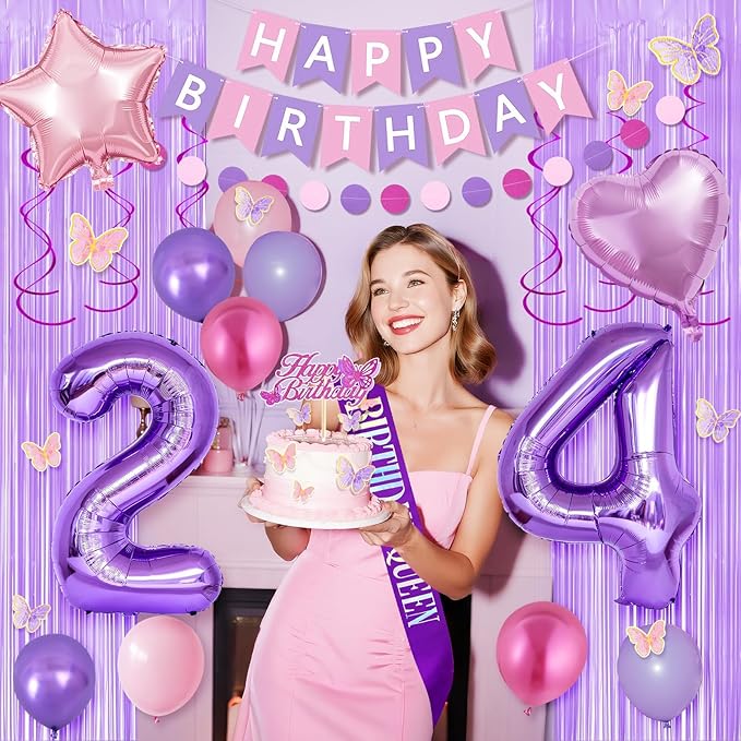24th Purple Birthday Decorations for Women, Pink and Purple Happy 24 Birthday Party Decorations with Happy Birthday Banner, Number Foil Balloons, Butterfly Cake Topper for 24th Party Supplies