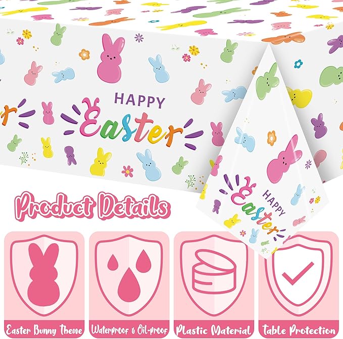 Easter Bunny Peeps Tablecloth - 3 Pack Happy Easter Tablecover Decoration Set Colorful Rabbits Plastic Disposable Rectangle Waterproof Table Covers Hello Spring Party Picnic Dinner Decor