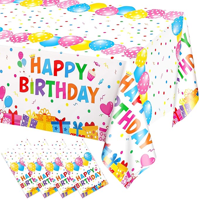 WNINK 4 Pack Happy Birthday Plastic Tablecloths, 54×108 Inch Disposable Waterproof Birthday Party Table Covers, Colorful Polka Dot Rectangle Tablecloths for Kids Boys Girls Birthday Decorations