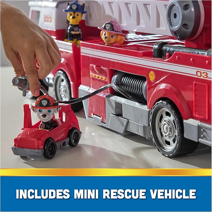 PAW Patrol Ultimate Rescue Fire Truck with 2 Ft. Ladder, Lights, Sounds, a Mini Toy Car, Chase, Marshall & Skye Figures, Toys for Boys & Girls Ages 3+