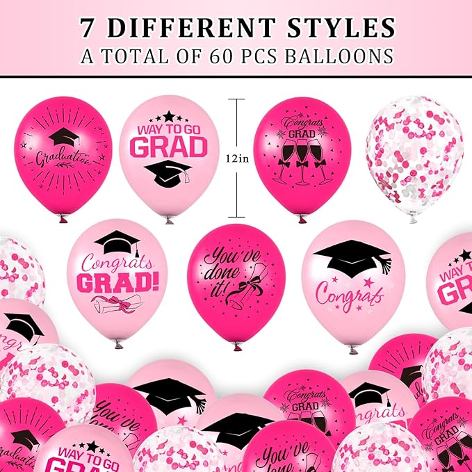 Whaline 60Pcs Graduation Party Balloon Set 7 Designs Confetti Latex Balloon with 2 Rolls Ribbon Congrats Grad Cap Balloons for Party Decor Supplies (Pink, Hot Pink)