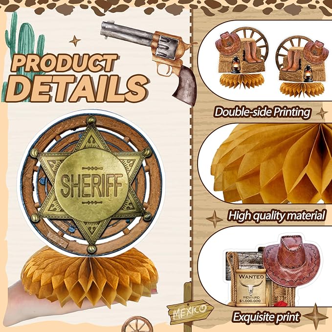 12 Pcs Cowboy Western Party Decorations Wild West Honeycomb Centerpieces for Tables Cowboy Rodeo Centerpieces 3D Western Theme Birthday Party Supplies