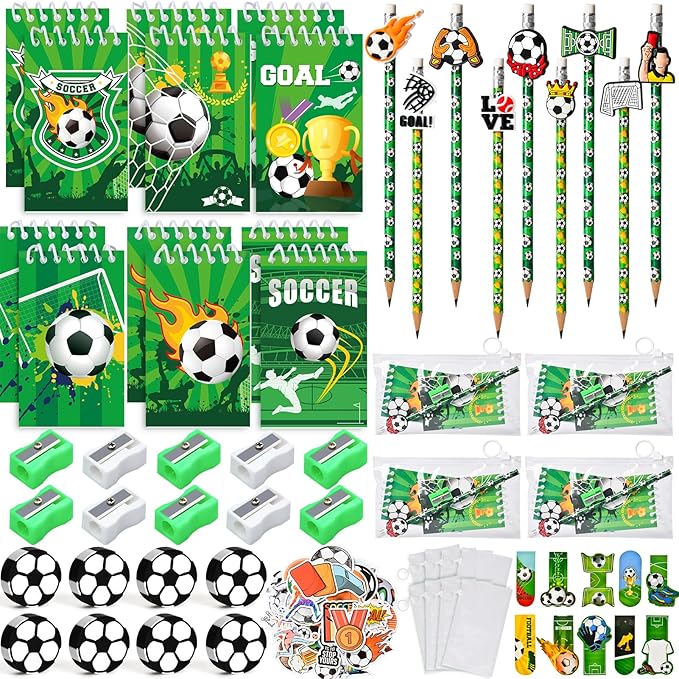 Soccer Party Favors Birthday Supplies School Stationery Bulk - Mini Notebook Pencil Eraser Bookmark Sharpener Bag Sticker, Goodie Stuffer Pinata Filler Boy Kids Soccer Themed Party Supplies