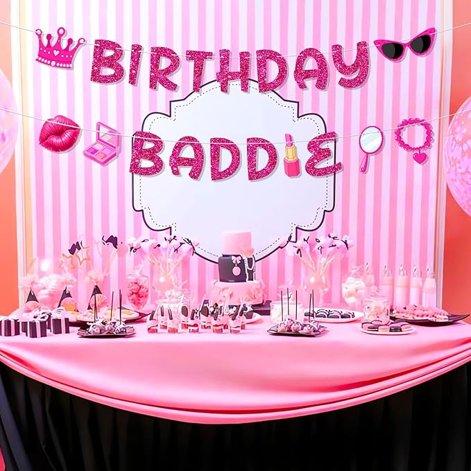 Pre-Strung Hot Pink Birthday Baddie Decorations, NO DIY Glitter Birthday Baddie Banner, Funny Brithday Party Supplies for Women and Girls