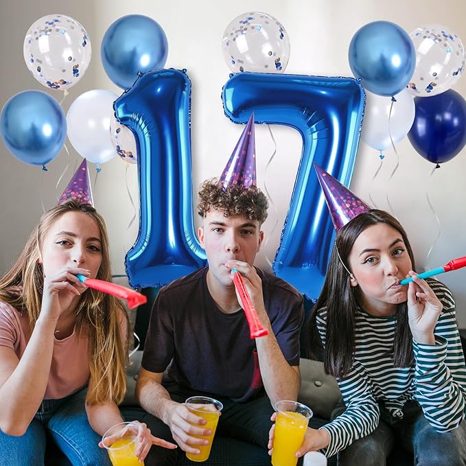 Giant Number Foil Balloon 17, Dark Blue Self Inflating 17th Birthday Balloon for Men, 40'' 17 Balloon Light Navy Blue with Metallic Silver Confetti Balloon for Anniversary Party Decorations Supplies