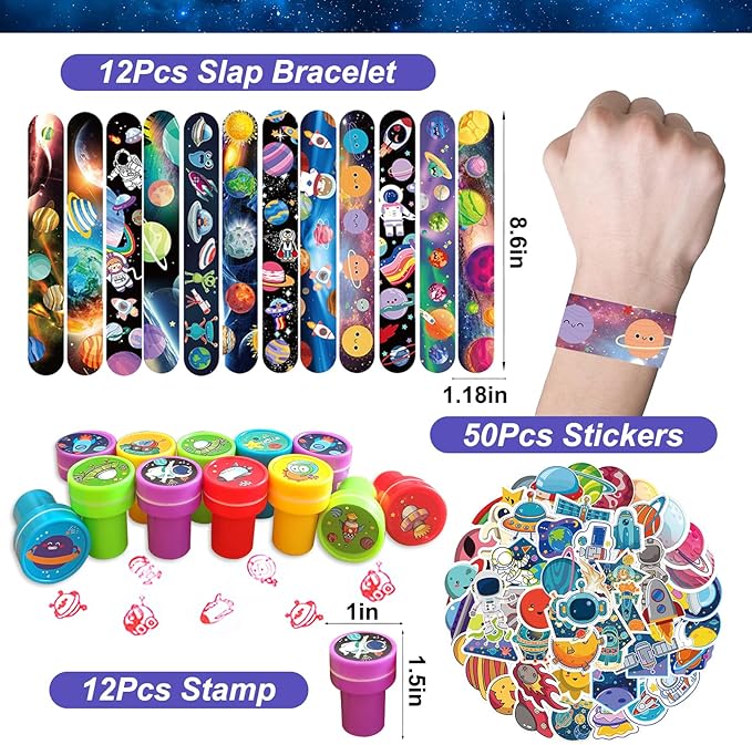 Bluegogo 151Pcs Space Party Favors, Space Birthday Party Decorations Include Stress Ball Bracelet Tattoo Stickers Stamp, Necklace, Rocket Keychain Gift Box for Kids Space Party Supplies