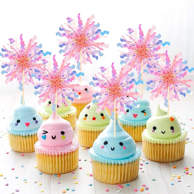 30 PCS Foil Firework Cupcake Toppers Sparkle Tinsel Cupcake Picks Happy Birthday Cake Toppers Drink Stirrers Cocktail Food Fruit Toothpicks for Baby Shower Wedding Party Decorations Supplies Orange