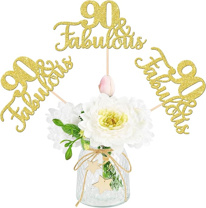 12 PCS 90 and Fabulous Centerpiece Sticks Double Sided Happy 90th Birthday Table Flower Centerpieces Sticks Cheers to 90 Floral Decorations for 90th Birthday Anniversary Party Supplies Gold